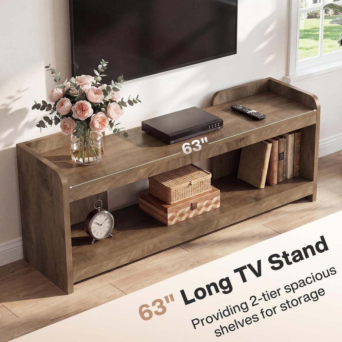 160cm TV Stand, 2-Tier Open Storage with Cable Management for 70" TV Living Room