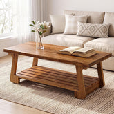 140cm Coffee Table, 2-Tier Solid Wood Farmhouse Storage Table for Living Room 3
