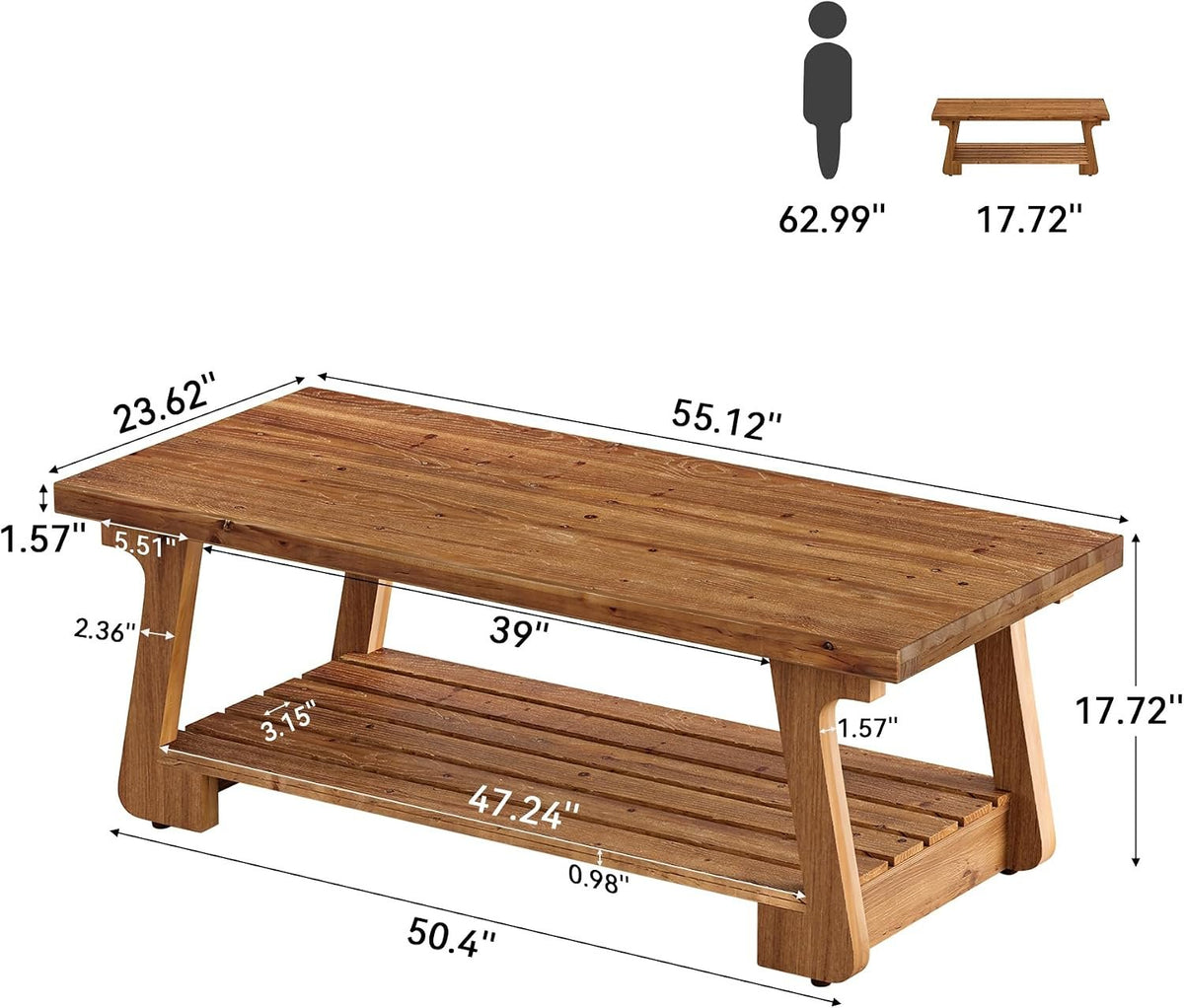 140cm Coffee Table, 2-Tier Solid Wood Farmhouse Storage Table for Living Room