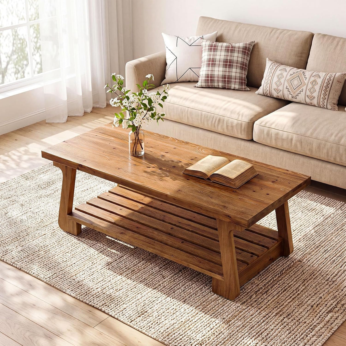 140cm Coffee Table, 2-Tier Solid Wood Farmhouse Storage Table for Living Room