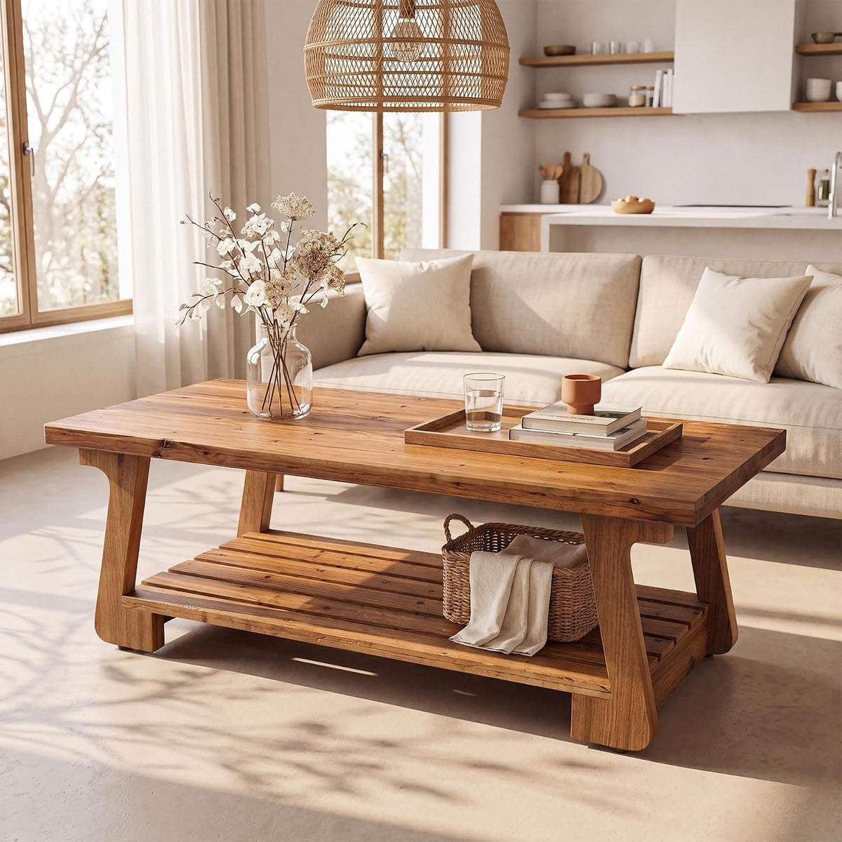 140cm Coffee Table, 2-Tier Solid Wood Farmhouse Storage Table for Living Room