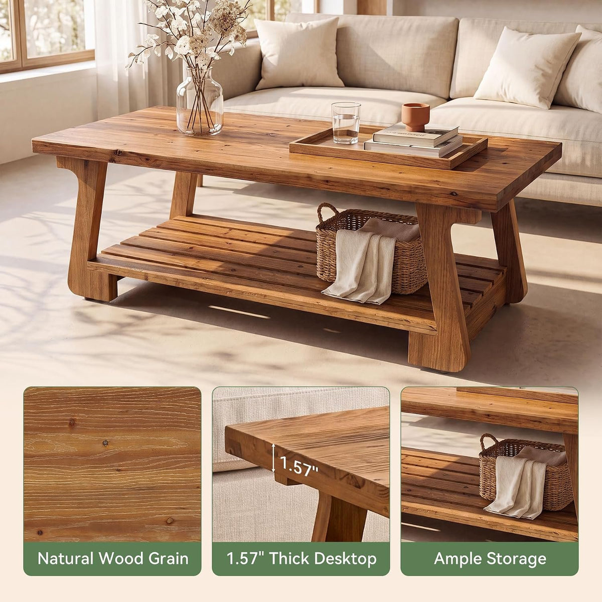 140cm Coffee Table, 2-Tier Solid Wood Farmhouse Storage Table for Living Room