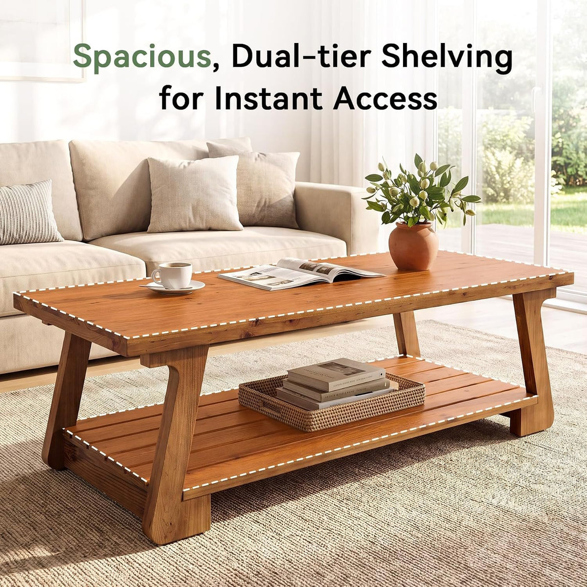 140cm Coffee Table, 2-Tier Solid Wood Farmhouse Storage Table for Living Room