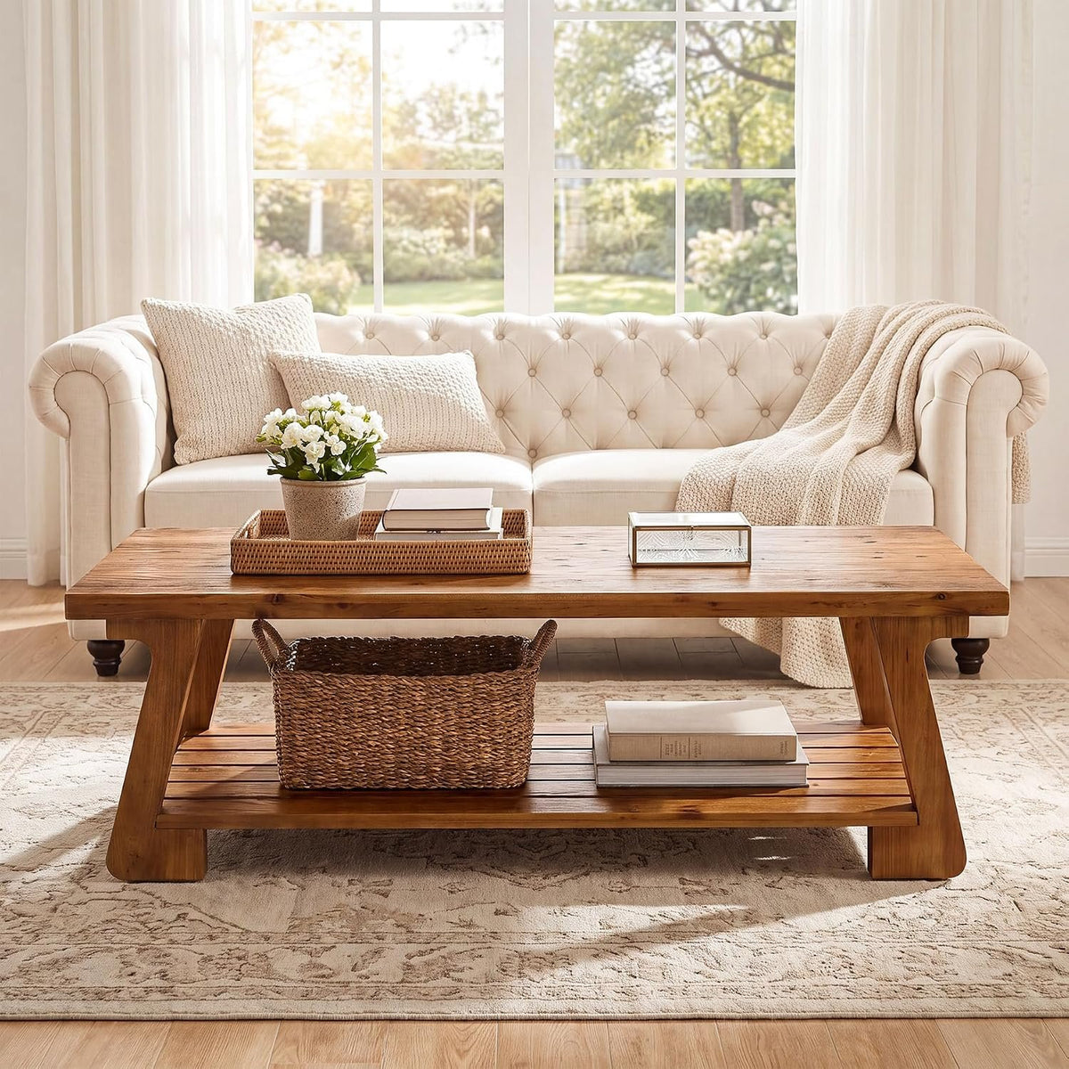 140cm Coffee Table, 2-Tier Solid Wood Farmhouse Storage Table for Living Room