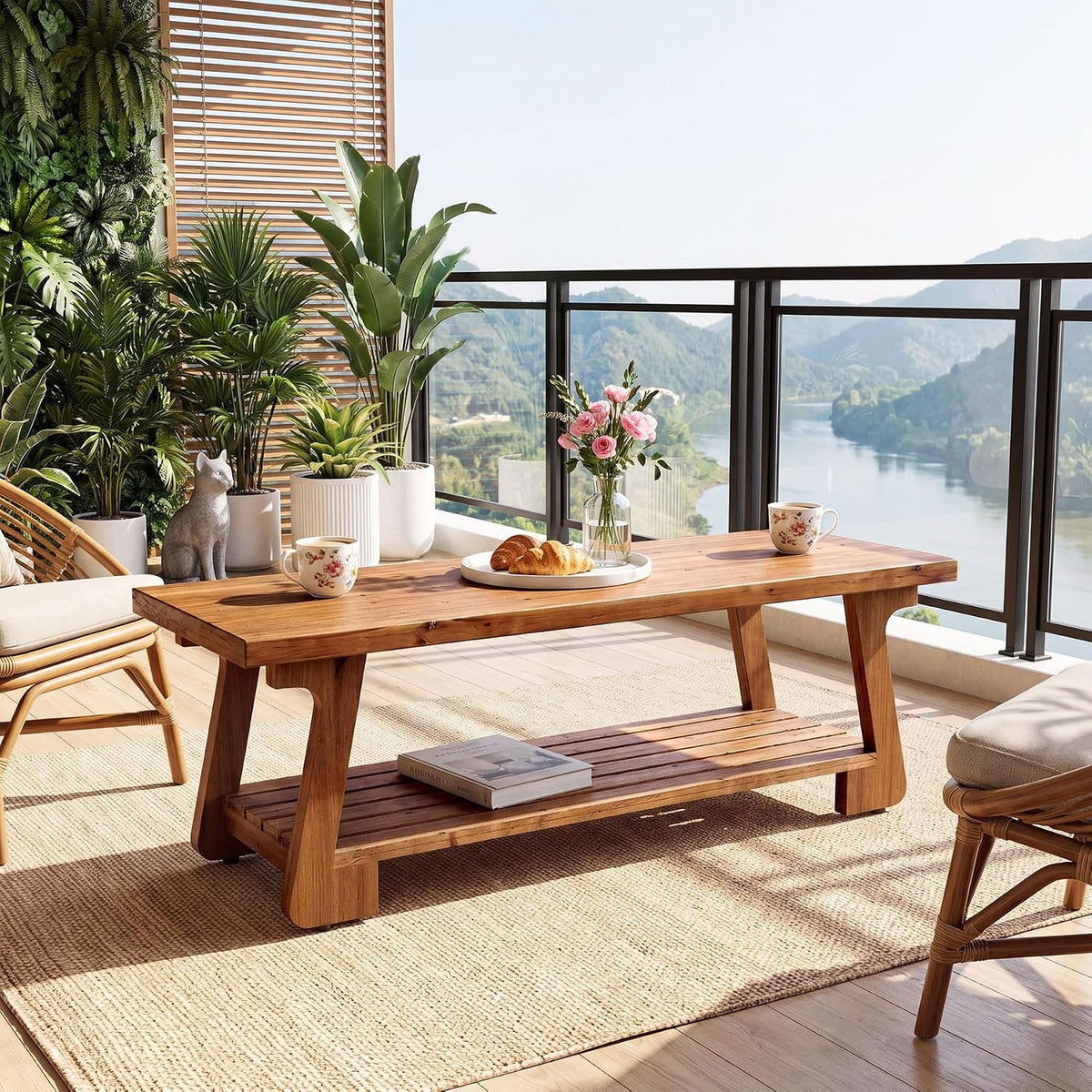 140cm Coffee Table, 2-Tier Solid Wood Farmhouse Storage Table for Living Room