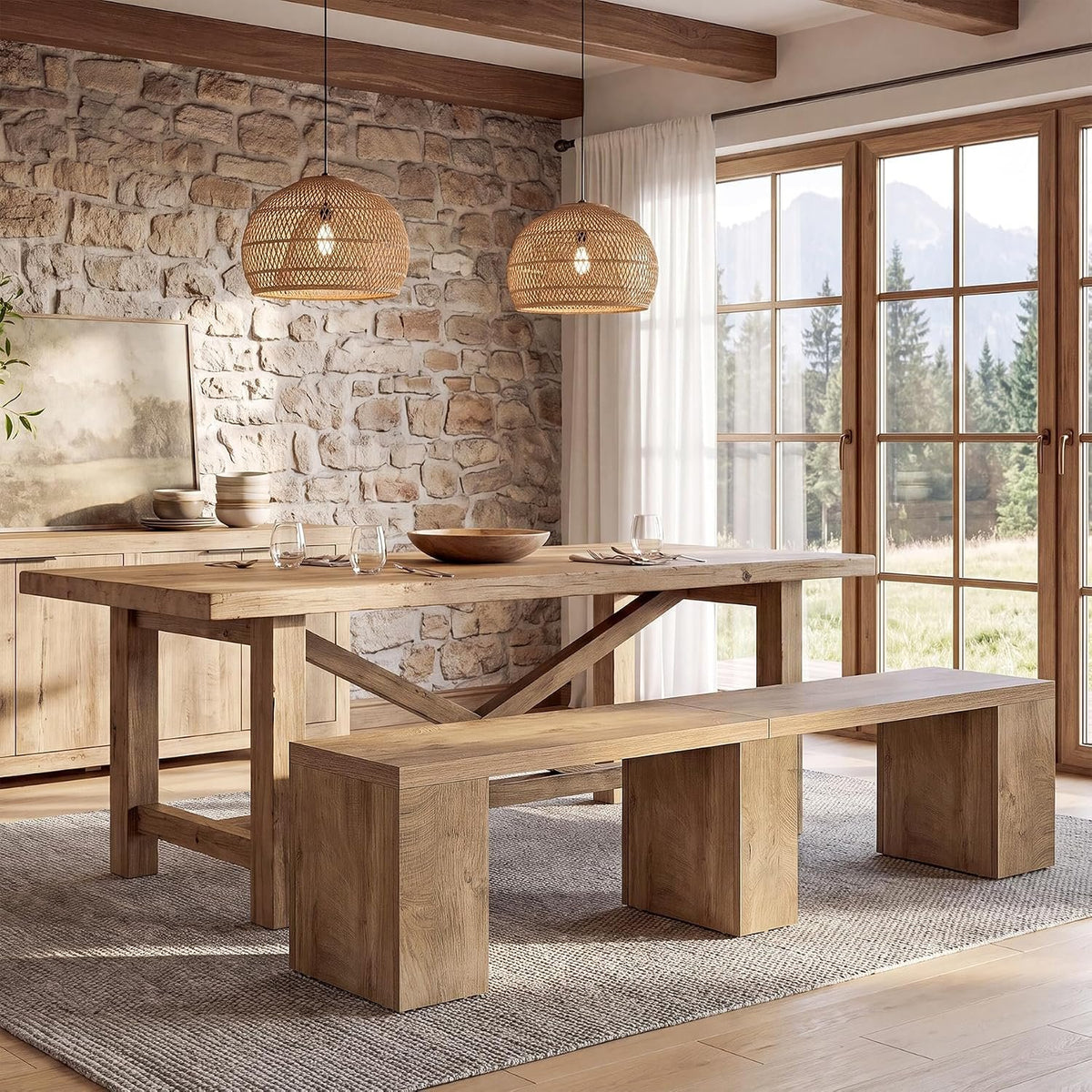 200cm Dining Bench, Farmhouse Wooden Kitchen Bench Seats 4 for Dining Room