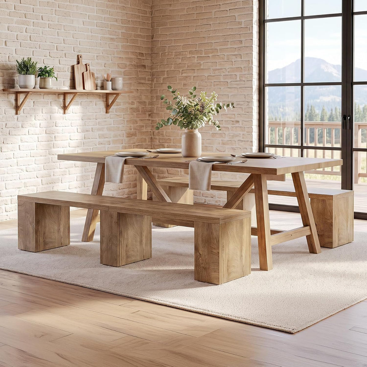 200cm Dining Bench, Farmhouse Wooden Kitchen Bench Seats 4 for Dining Room