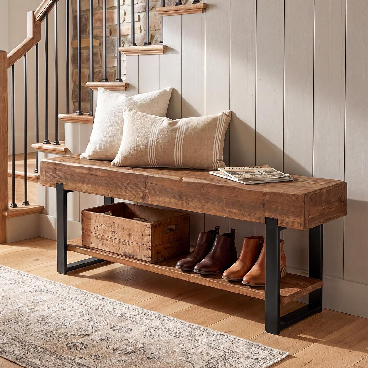 160cm TV Stand, Solid Wood 2-Tier Entertainment Unit with Metal Frame for Living Room