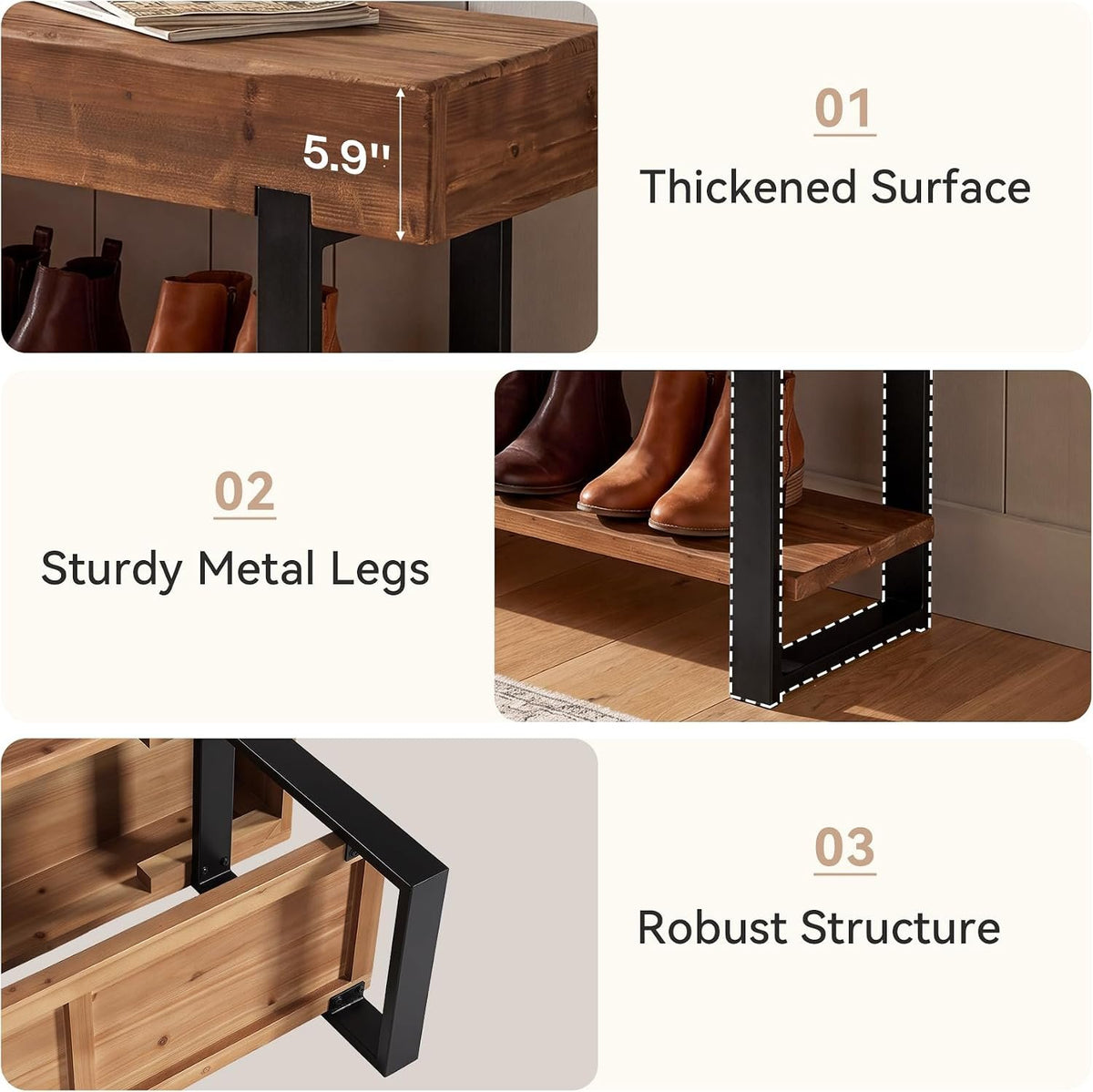 160cm TV Stand, Solid Wood 2-Tier Entertainment Unit with Metal Frame for Living Room