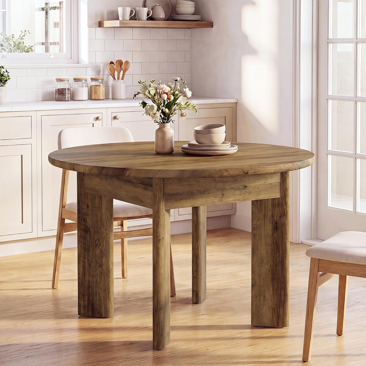100cm Round Dining Table, 4-Seater Rustic Kitchen Table with Thick Curved Legs