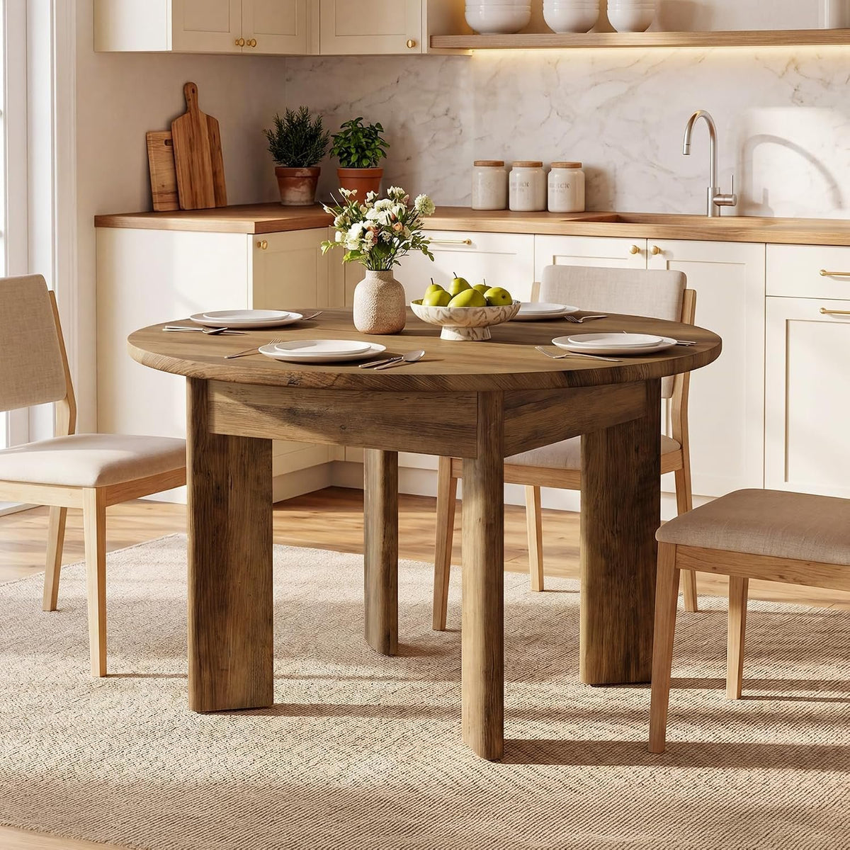100cm Round Dining Table, 4-Seater Rustic Kitchen Table with Thick Curved Legs