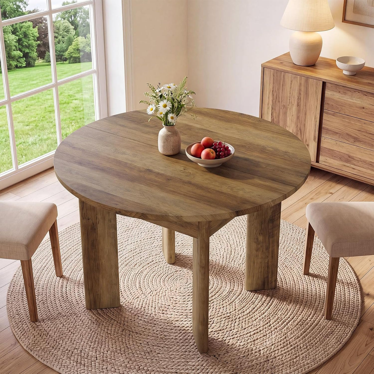 100cm Round Dining Table, 4-Seater Rustic Kitchen Table with Thick Curved Legs