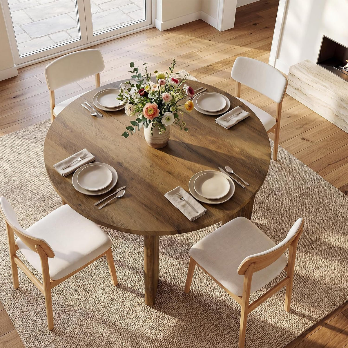 100cm Round Dining Table, 4-Seater Rustic Kitchen Table with Thick Curved Legs