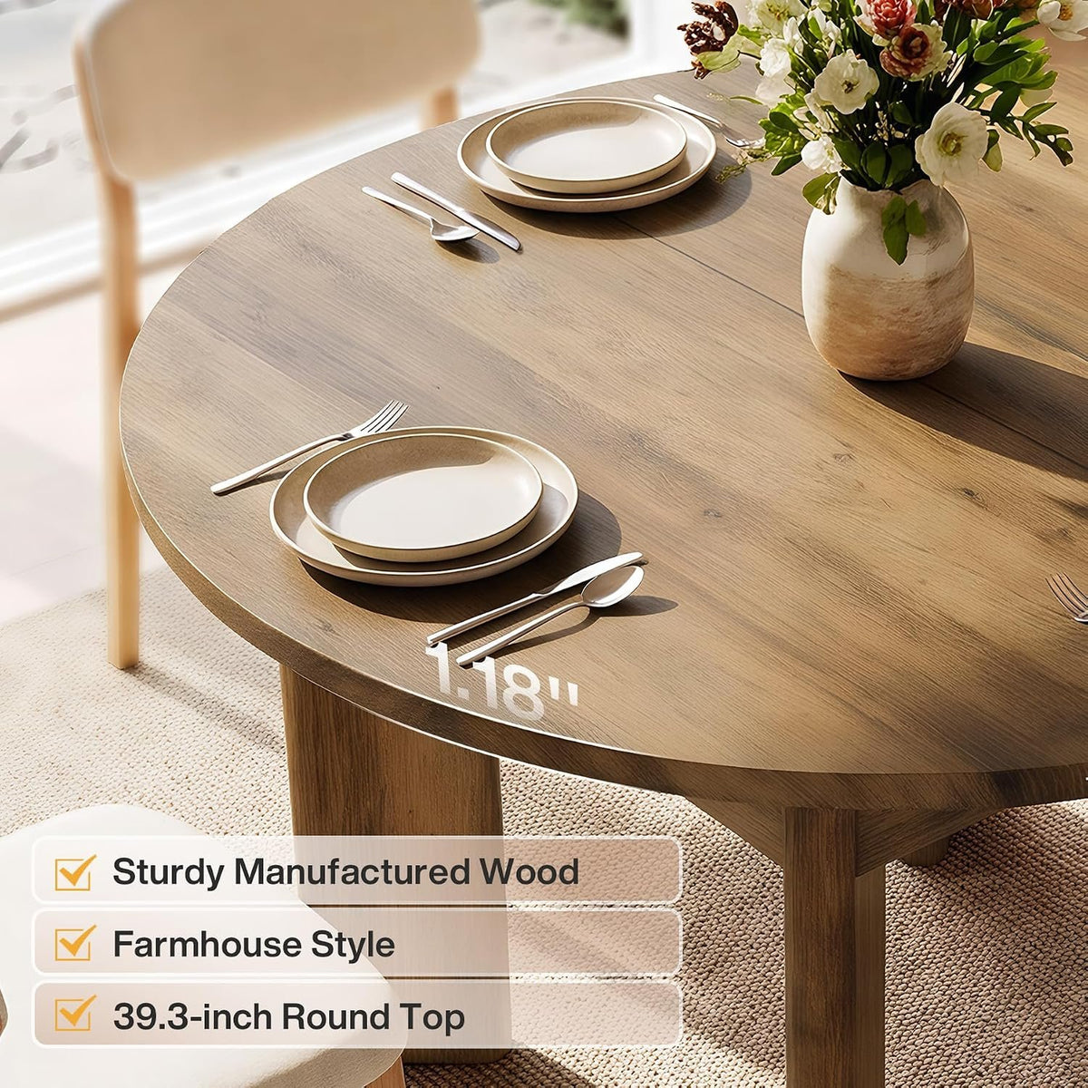 100cm Round Dining Table, 4-Seater Rustic Kitchen Table with Thick Curved Legs