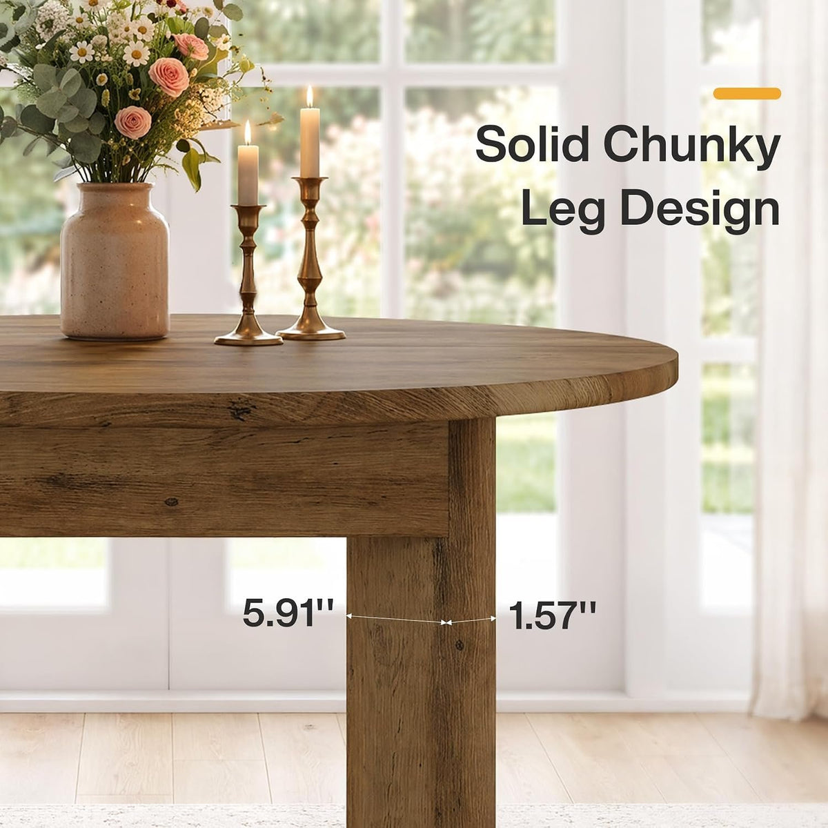 100cm Round Dining Table, 4-Seater Rustic Kitchen Table with Thick Curved Legs