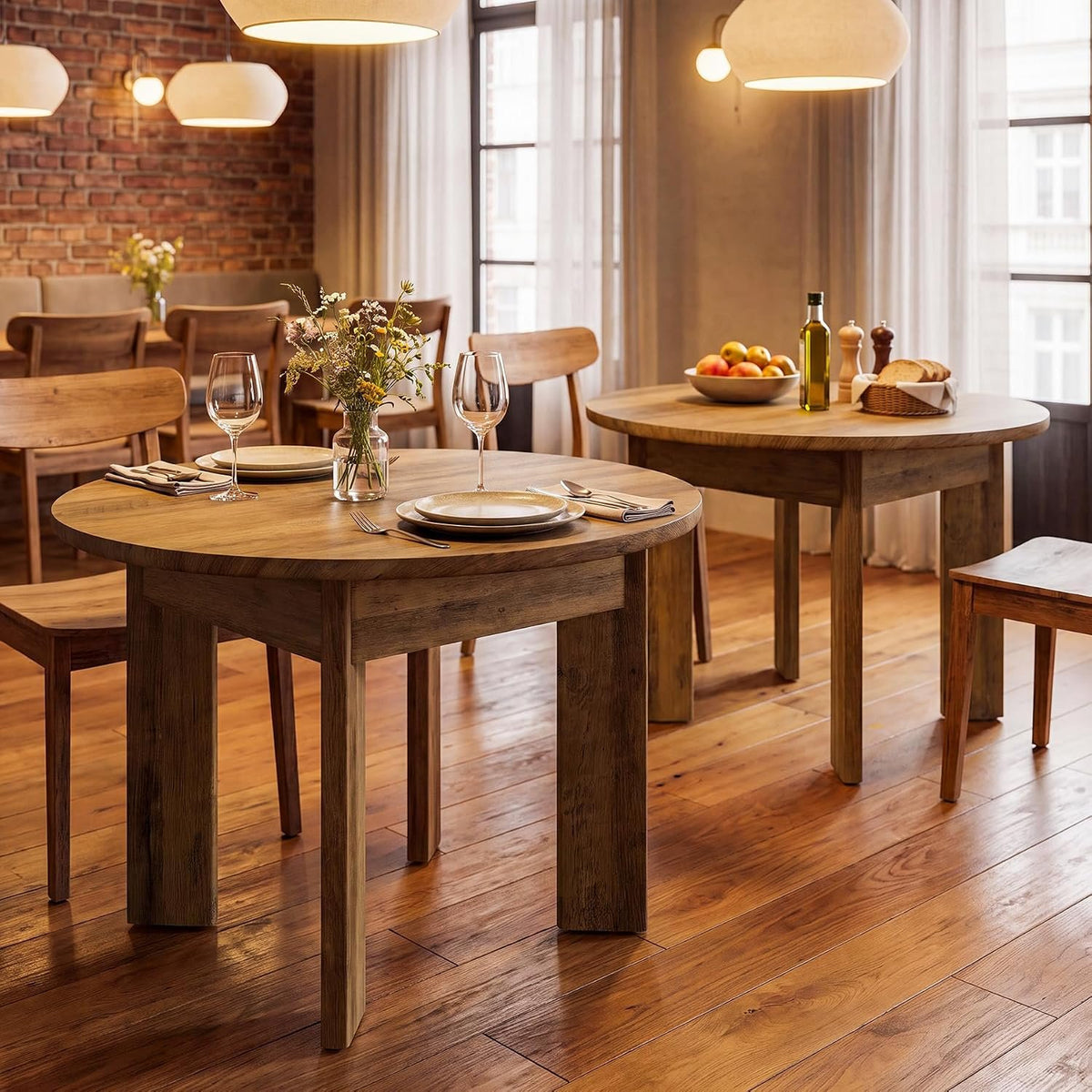 100cm Round Dining Table, 4-Seater Rustic Kitchen Table with Thick Curved Legs