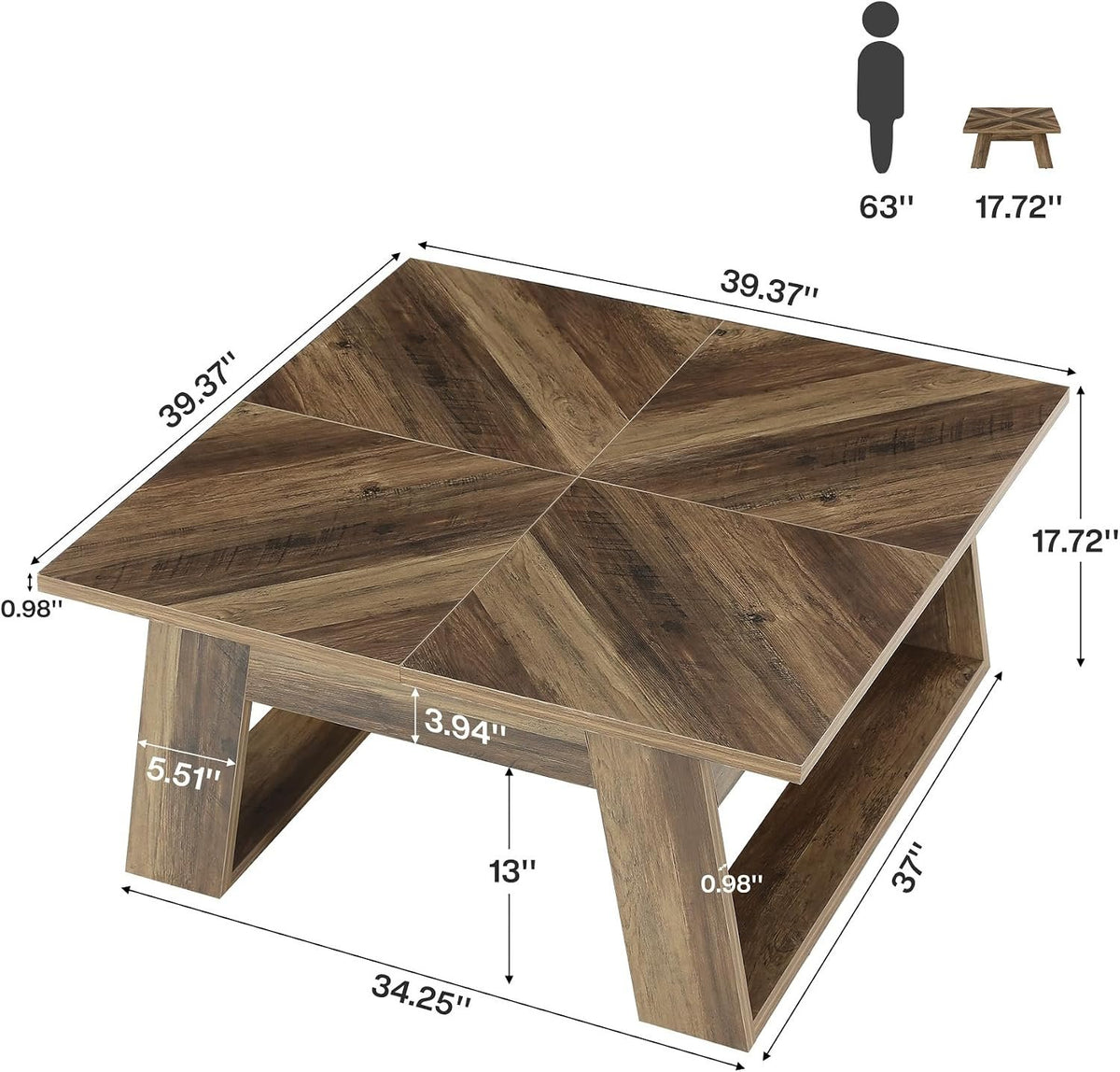 100cm Square Coffee Table, Sturdy Centre Table with Geometric Wood Grain