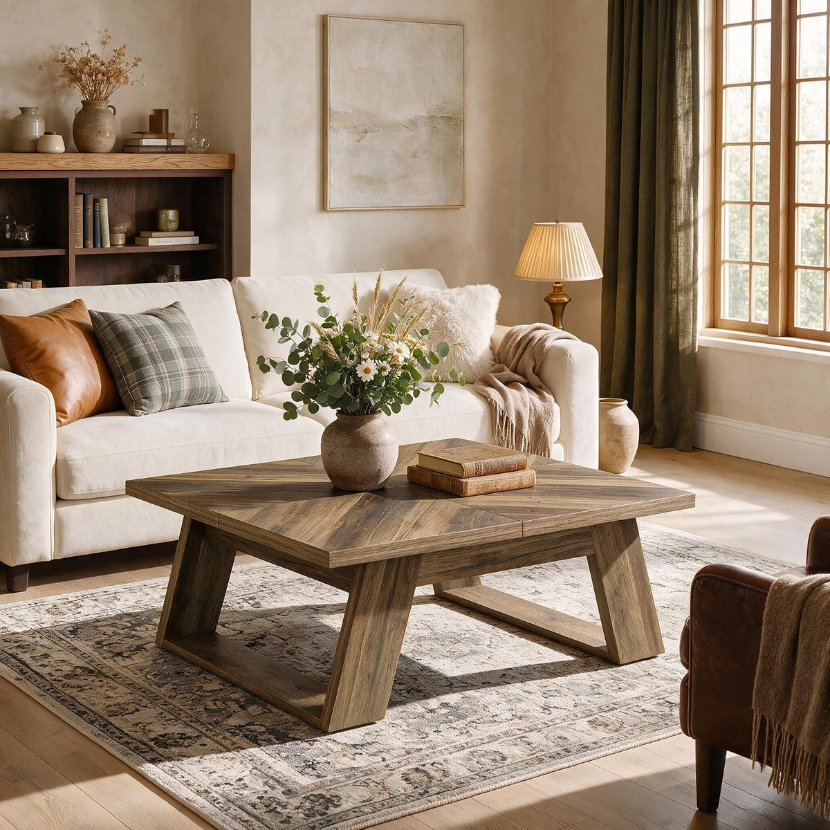 100cm Square Coffee Table, Sturdy Centre Table with Geometric Wood Grain