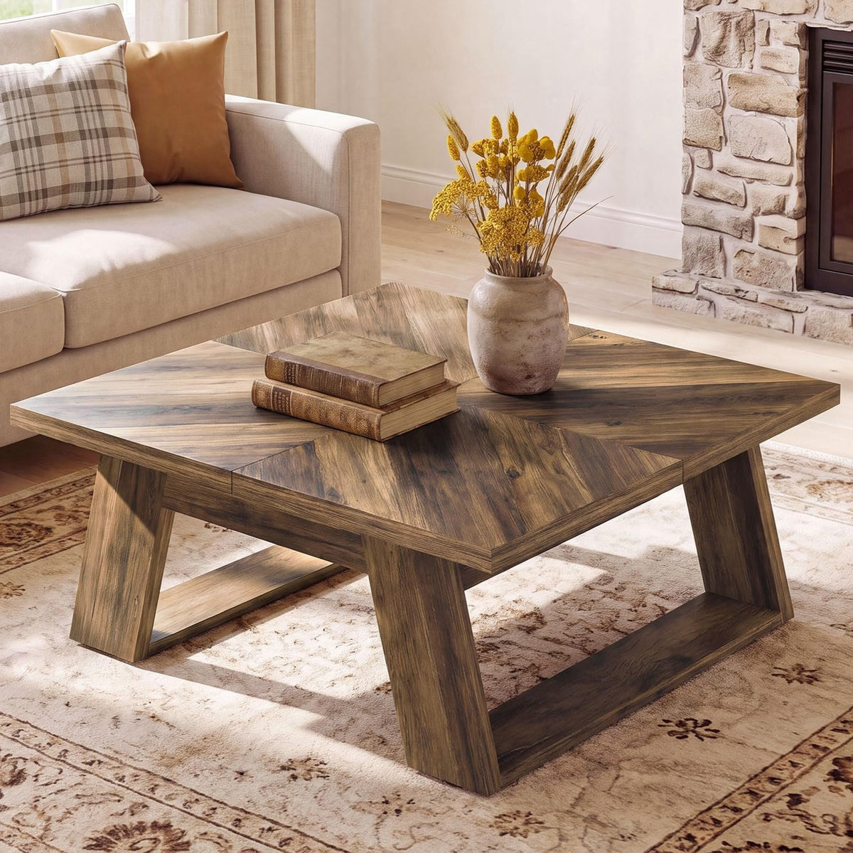100cm Square Coffee Table, Sturdy Centre Table with Geometric Wood Grain