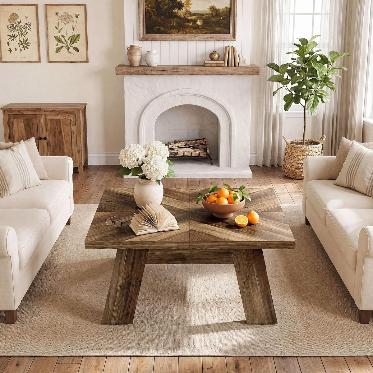 100cm Square Coffee Table, Sturdy Centre Table with Geometric Wood Grain