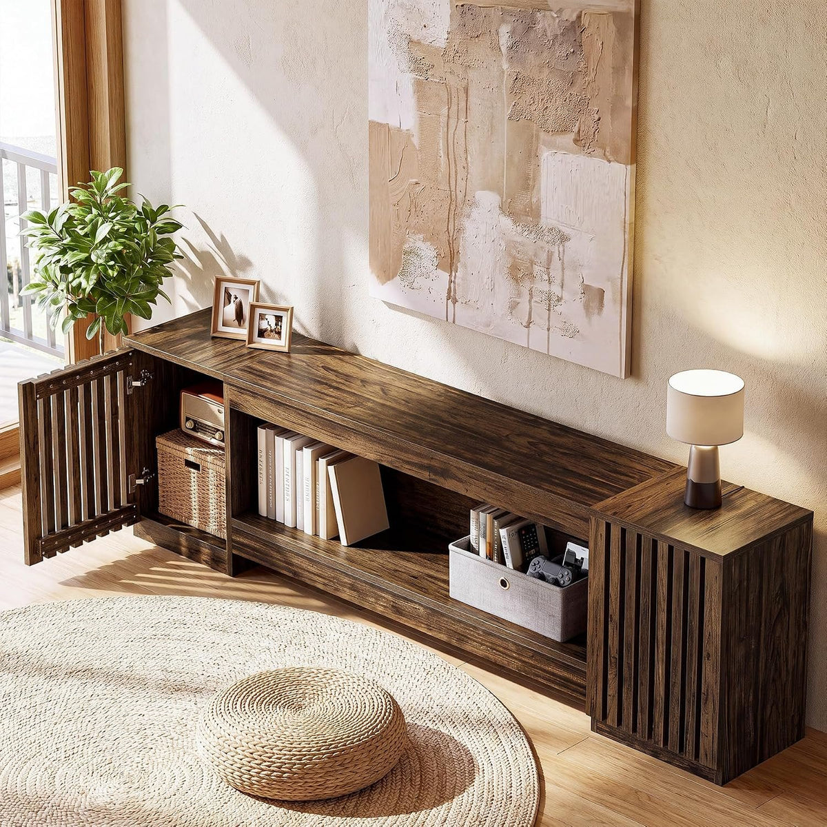 198cm TV Stand, Farmhouse Console Table with Cabinets & Open Shelf for TVs up to 85"