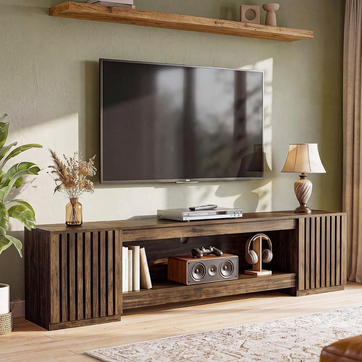 198cm TV Stand, Farmhouse Console Table with Cabinets & Open Shelf for TVs up to 85"