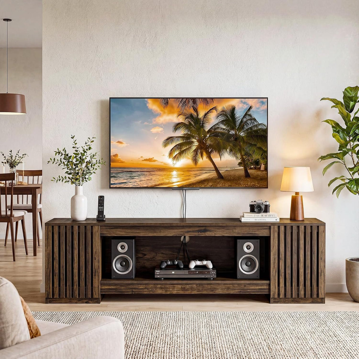 198cm TV Stand, Farmhouse Console Table with Cabinets & Open Shelf for TVs up to 85"