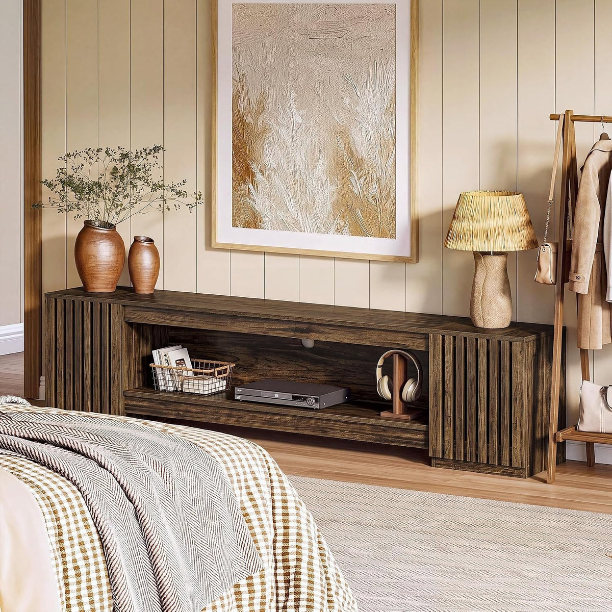 198cm TV Stand, Farmhouse Console Table with Cabinets & Open Shelf for TVs up to 85"
