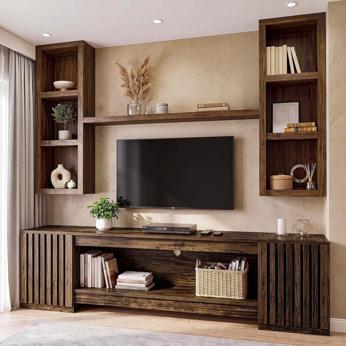 198cm TV Stand, Farmhouse Console Table with Cabinets & Open Shelf for TVs up to 85"