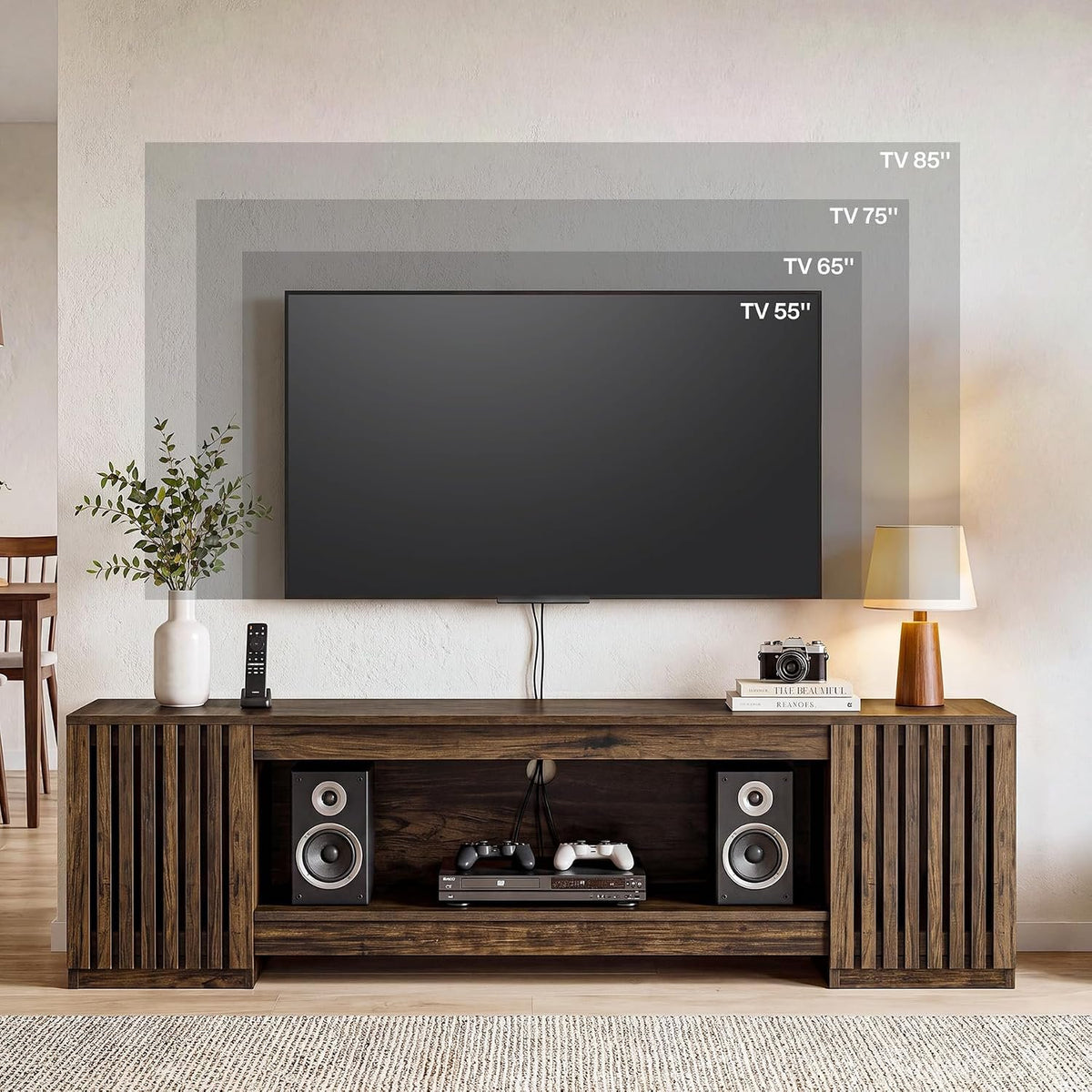 198cm TV Stand, Farmhouse Console Table with Cabinets & Open Shelf for TVs up to 85"