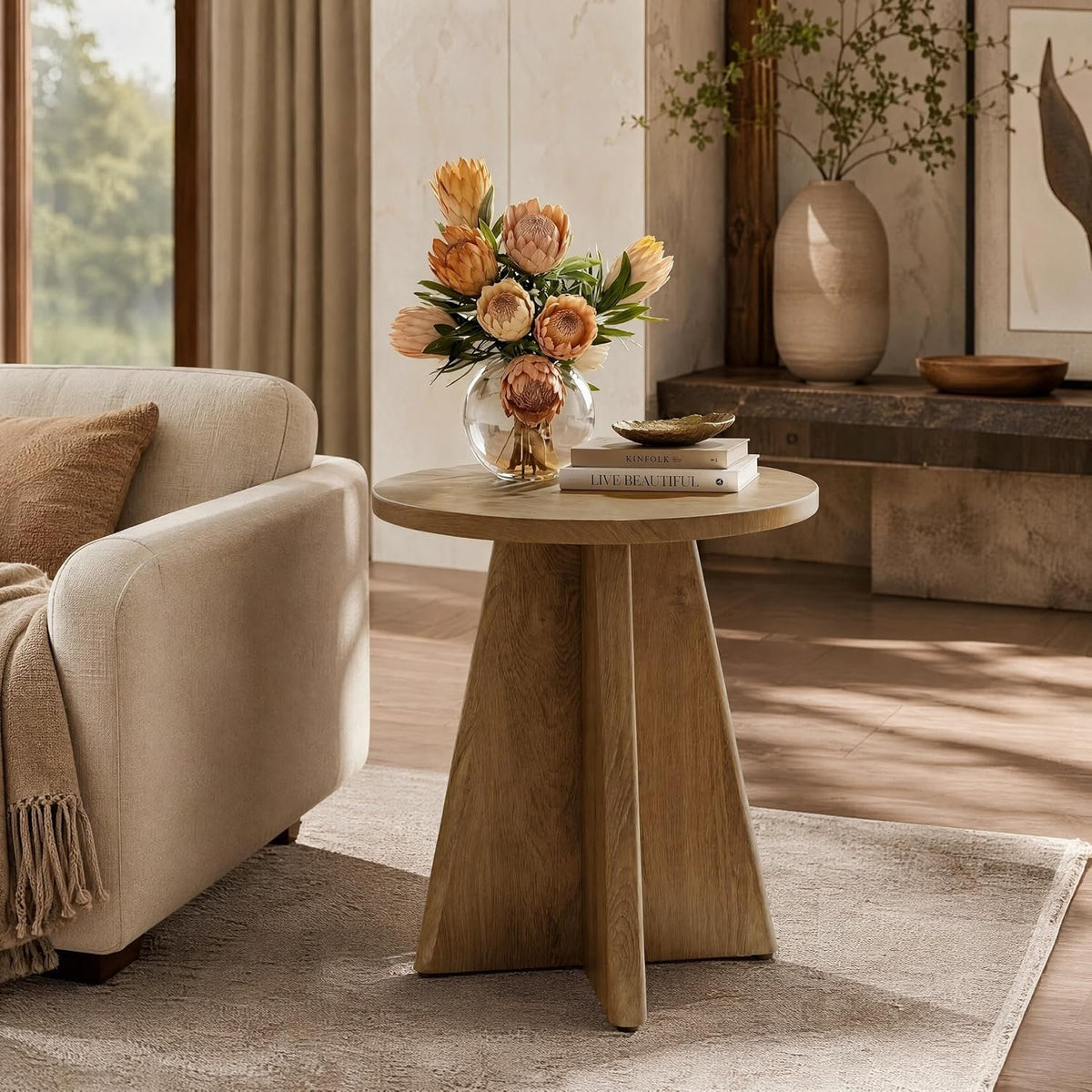 50cm Round End Table, Wooden Side Table for Living Room