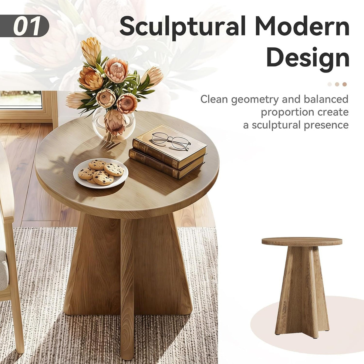 50cm Round End Table, Wooden Side Table for Living Room