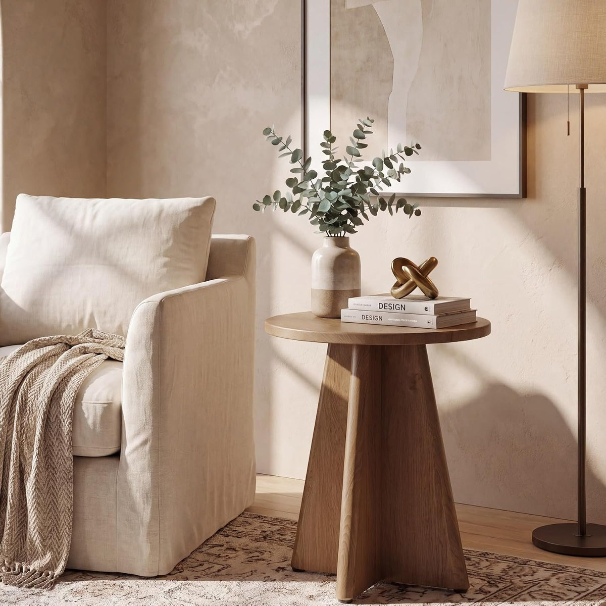 50cm Round End Table, Wooden Side Table for Living Room