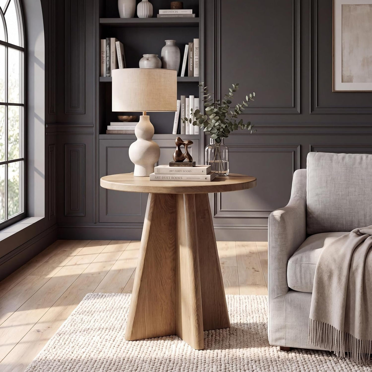 50cm Round End Table, Wooden Side Table for Living Room