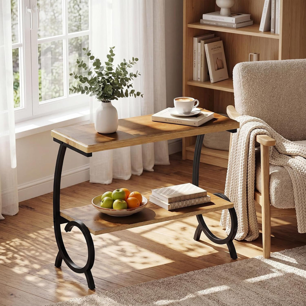 60cm Narrow Side Table, 2-Tier Bedside Table with J-Shaped Metal Frame for Living Room Bedroom