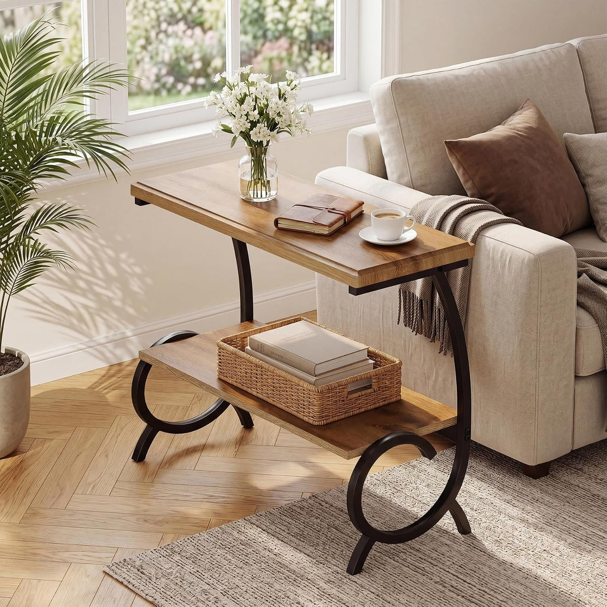 60cm Narrow Side Table, 2-Tier Bedside Table with J-Shaped Metal Frame for Living Room Bedroom