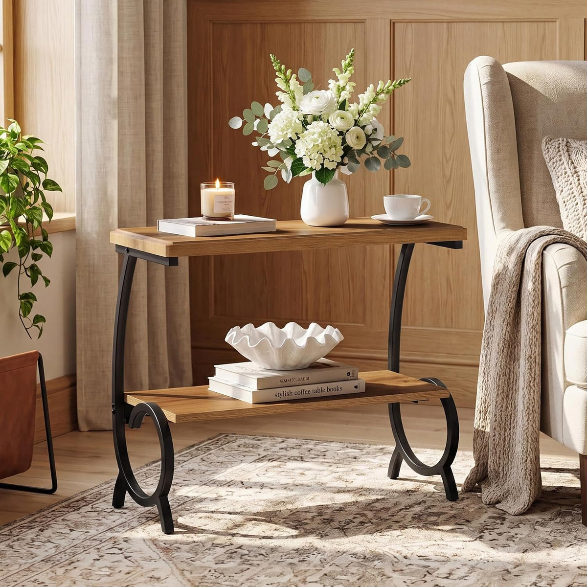 60cm Narrow Side Table, 2-Tier Bedside Table with J-Shaped Metal Frame for Living Room Bedroom
