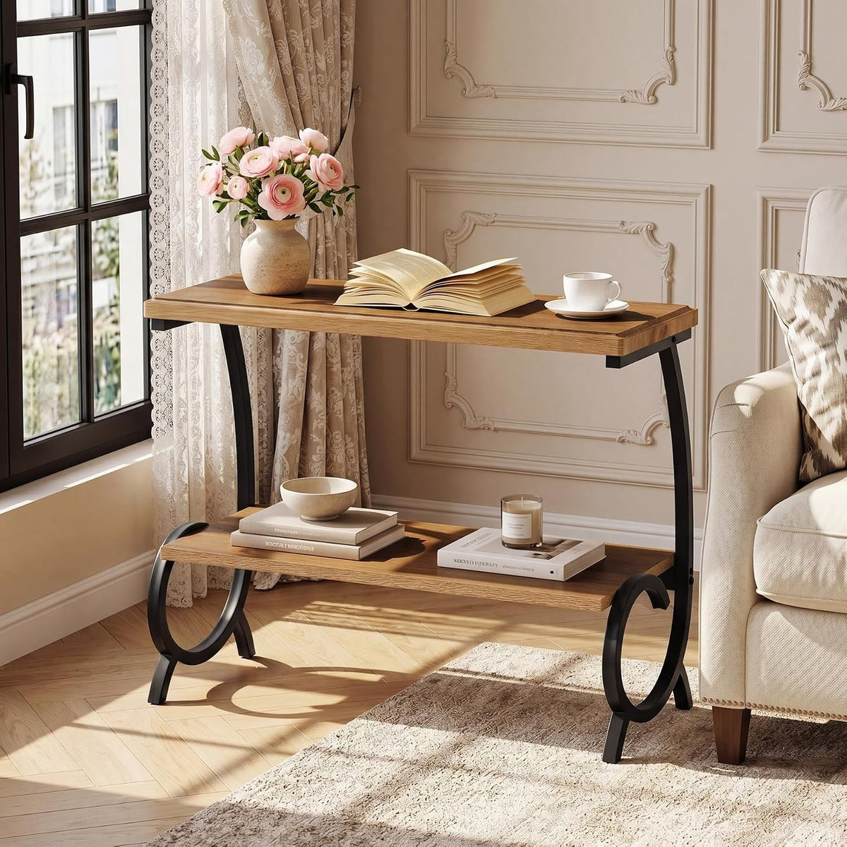 60cm Narrow Side Table, 2-Tier Bedside Table with J-Shaped Metal Frame for Living Room Bedroom