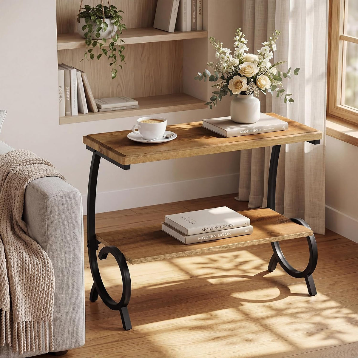 60cm Narrow Side Table, 2-Tier Bedside Table with J-Shaped Metal Frame for Living Room Bedroom