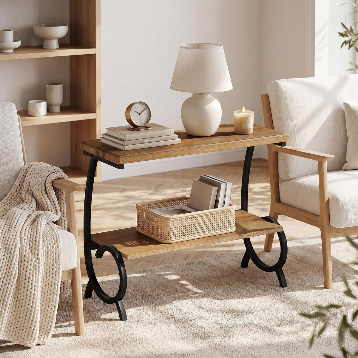 60cm Narrow Side Table, 2-Tier Bedside Table with J-Shaped Metal Frame for Living Room Bedroom