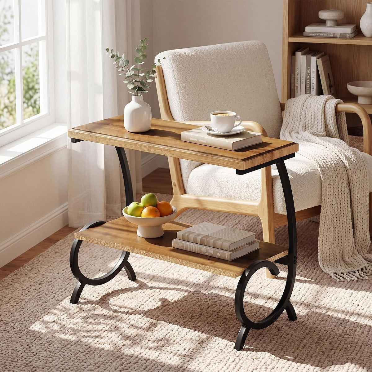 60cm Narrow Side Table, 2-Tier Bedside Table with J-Shaped Metal Frame for Living Room Bedroom
