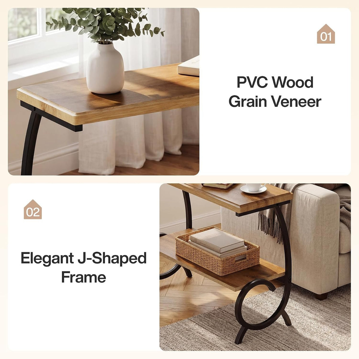 60cm Narrow Side Table, 2-Tier Bedside Table with J-Shaped Metal Frame for Living Room Bedroom