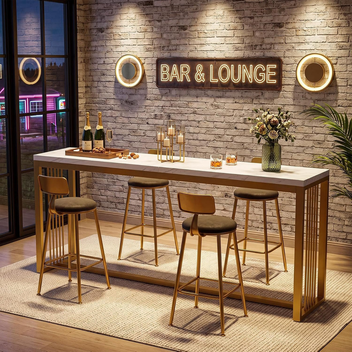 180cm Bar Table, Counter Height Pub Table with Metal Base for Narrow Kitchen Dining Room