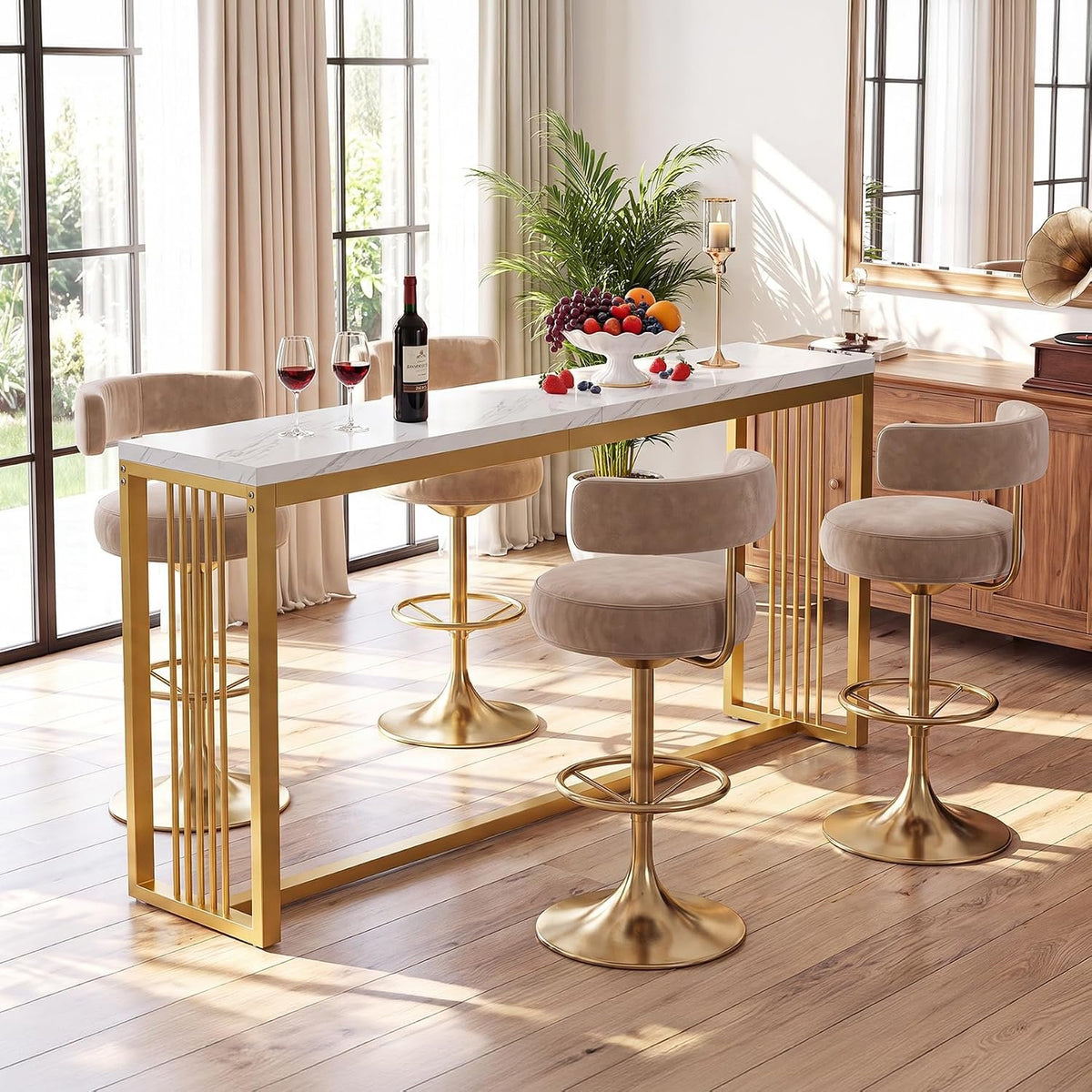 180cm Bar Table, Counter Height Pub Table with Metal Base for Narrow Kitchen Dining Room