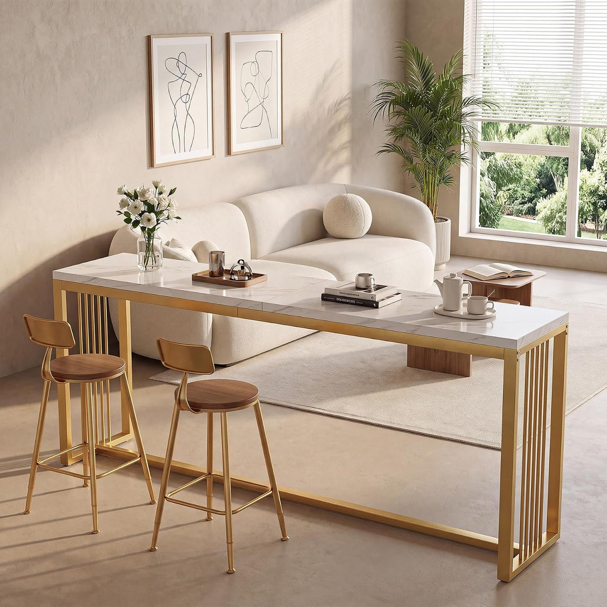 180cm Bar Table, Counter Height Pub Table with Metal Base for Narrow Kitchen Dining Room
