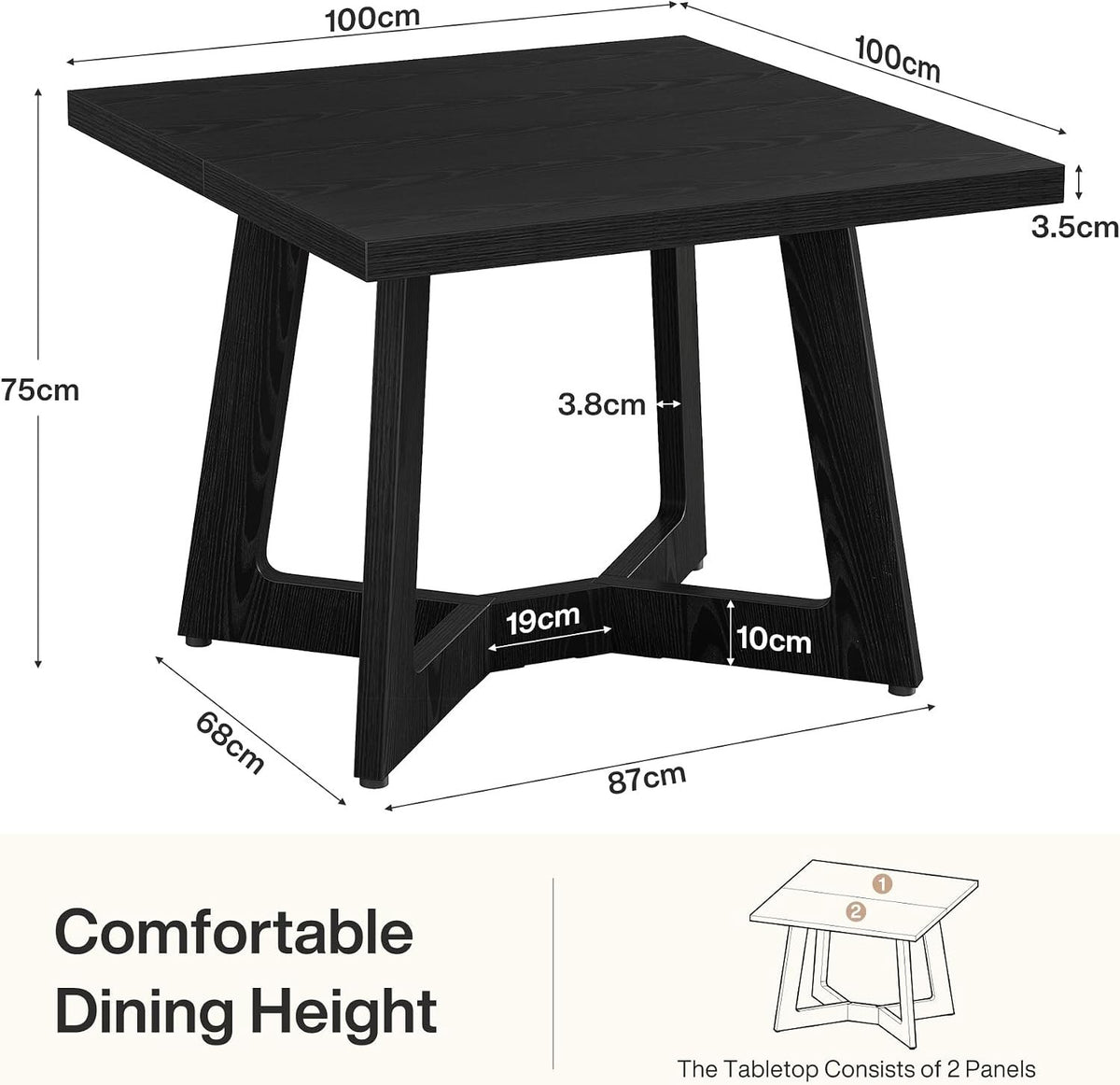 100cm Square Dining Table, Black 2-4 Seater with Trapezoid Legs