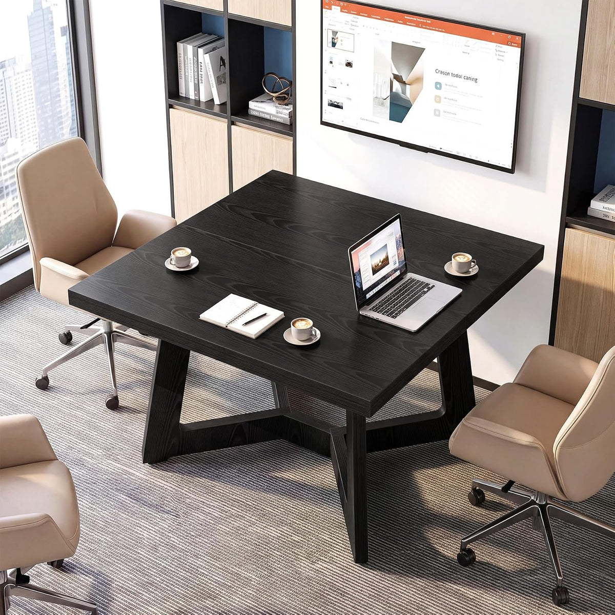 100cm Square Dining Table, Black 2-4 Seater with Trapezoid Legs