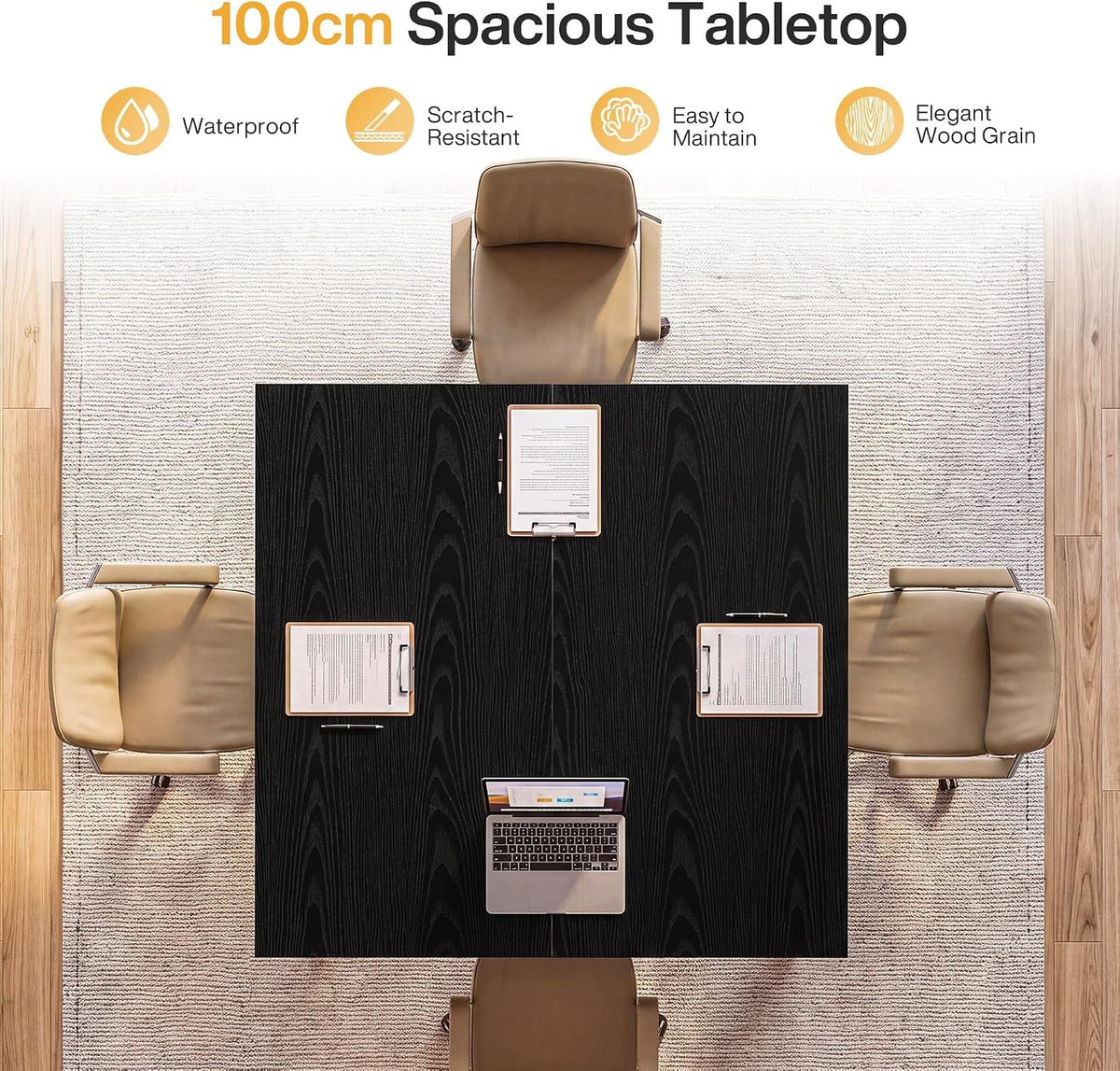 100cm Square Dining Table, Black 2-4 Seater with Trapezoid Legs