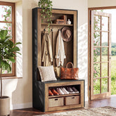 180cm Hall Tree, Farmhouse Coat Rack with Shoe Bench & 4 Hooks for Entryway 3