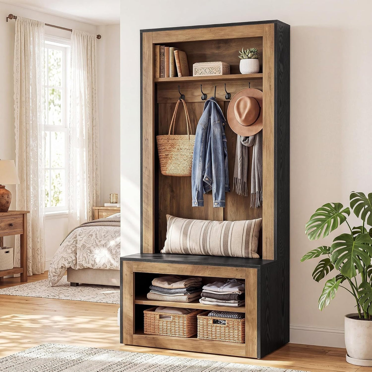 180cm Hall Tree, Farmhouse Coat Rack with Shoe Bench & 4 Hooks for Entryway
